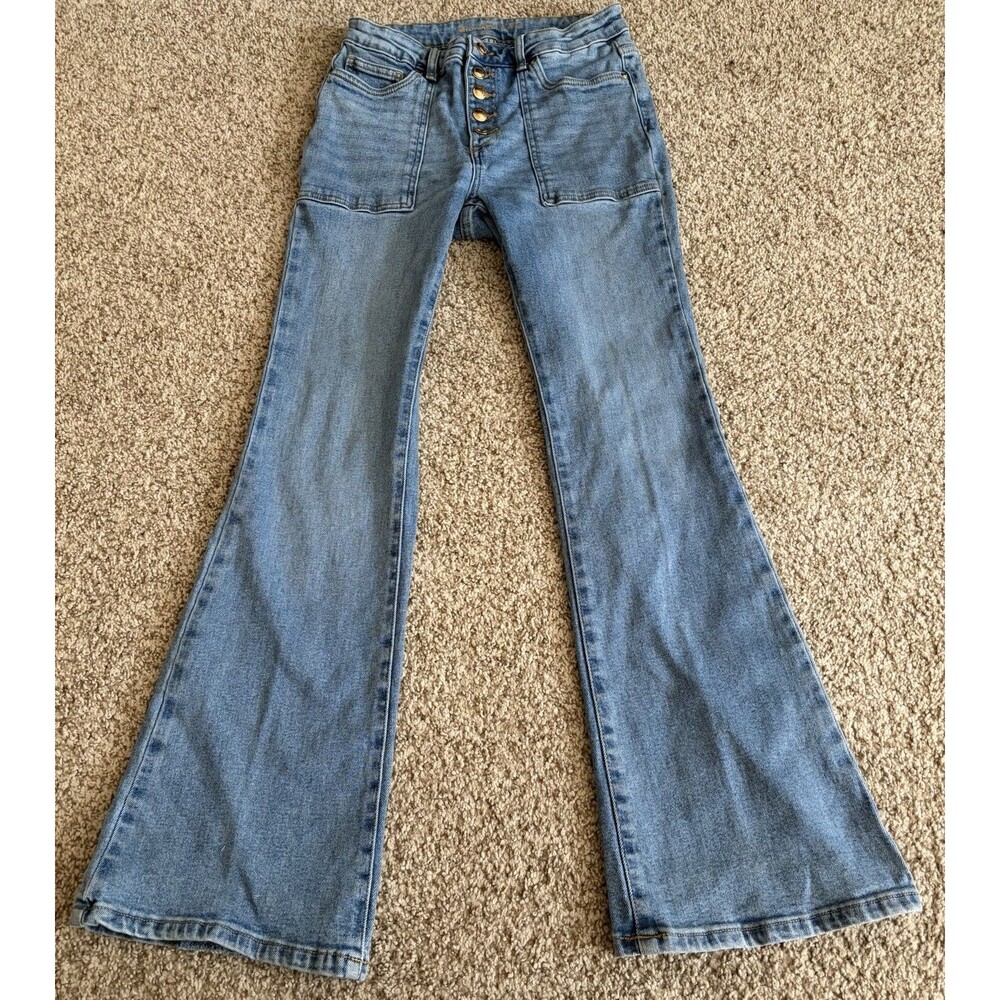 Michael Kors Selma Flare Jeans Women’s Size 4 Gold Button Fly Medium Wash Denim